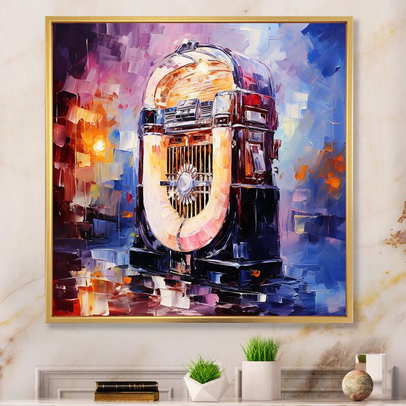 Designart "Cubist Jukebox Harmonies III" Jukeboxes Yellow Wall Decor - Modern Hallway Framed Wall Art Decor - 36 in. wide x 36 in. high - Gold