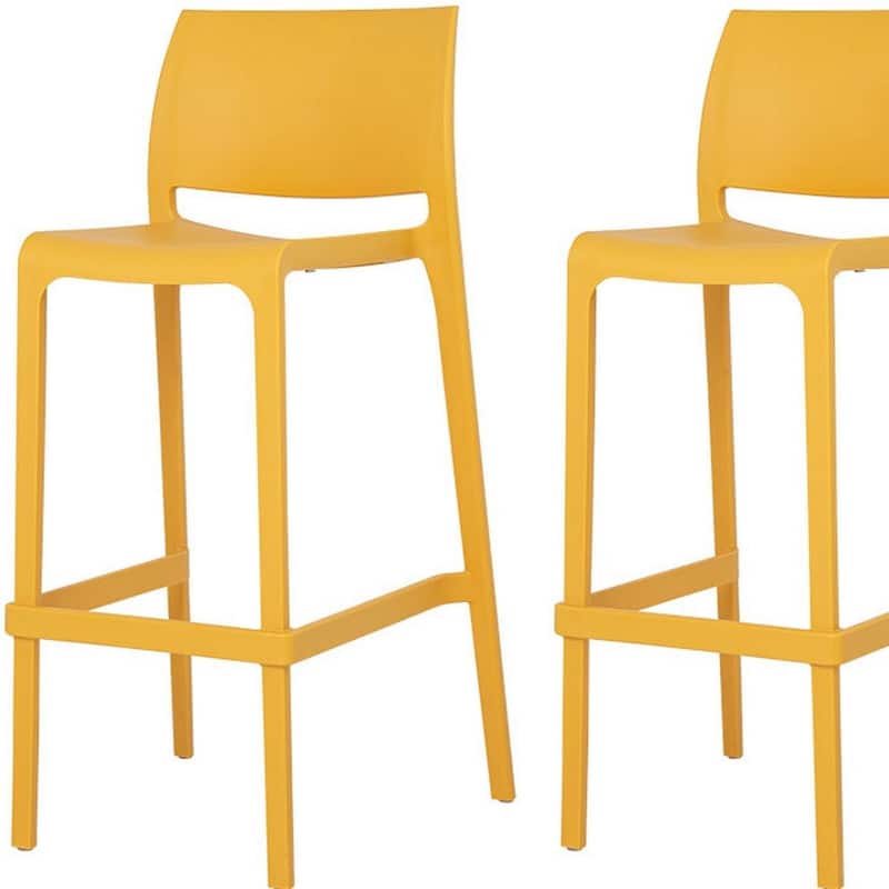 HomeRoots Set of Two 30" Yellow Heavy Duty Plastic Low Back Outdoor Bar Height Chairs
