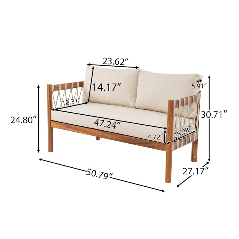 Scott Living Coastal Haven Outdoor Loveseat and Coffee Table Set Acacia Wood with Beige Cushions