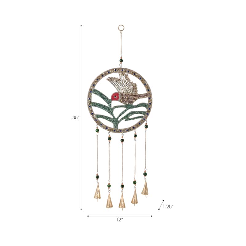 Wood Metal Mosaic Hummingbird Wind Chime Hanging Decor - 35" Green - 12" x 1.25" x 35"