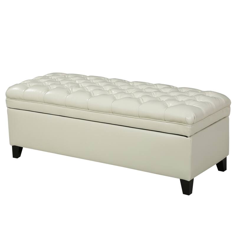 Rhya Storage Ottoman Bench, Ivory Faux Leather, Brown Wood, 50 Inch