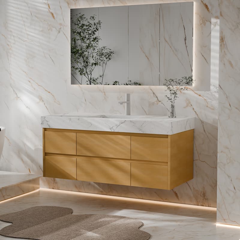 Modland 48" Wall-Mount Bathroom Vanity with 6 Soft-Close Drawers, LED Lighting & Marble Top - 48 inch - 48 inch