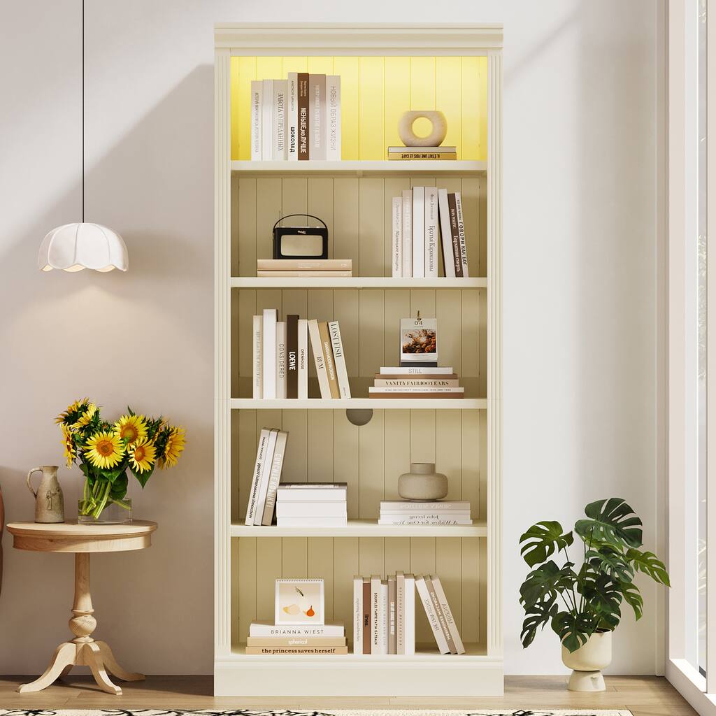 Merax Sleek & Functional Tall Wood Bookcase with LED Light