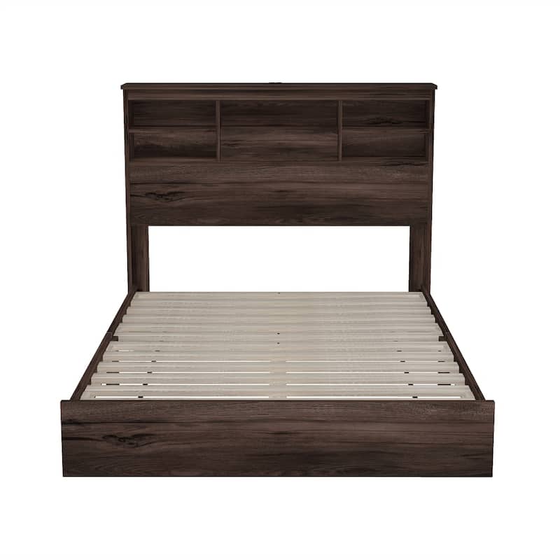 Queen Size Wood Platform Bed with Storage Headboard and USB Charging