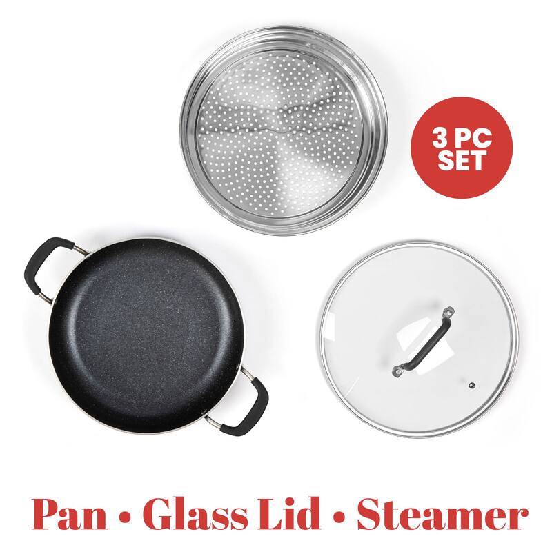 Granitestone Black 3 Piece Nonstick 5.5 Qt Everyday Pan with Lid and Steamer Insert - Speckled Multipurpose Cookware Set