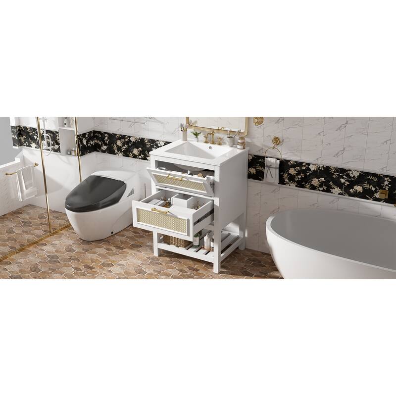 24"Bathroom Vanity with Integrated Ceramic Sink,Bathroom Cabinet with 1 Deep Drawer,1 Tip-Out Drawer,Single Sink Bathroom Vanity