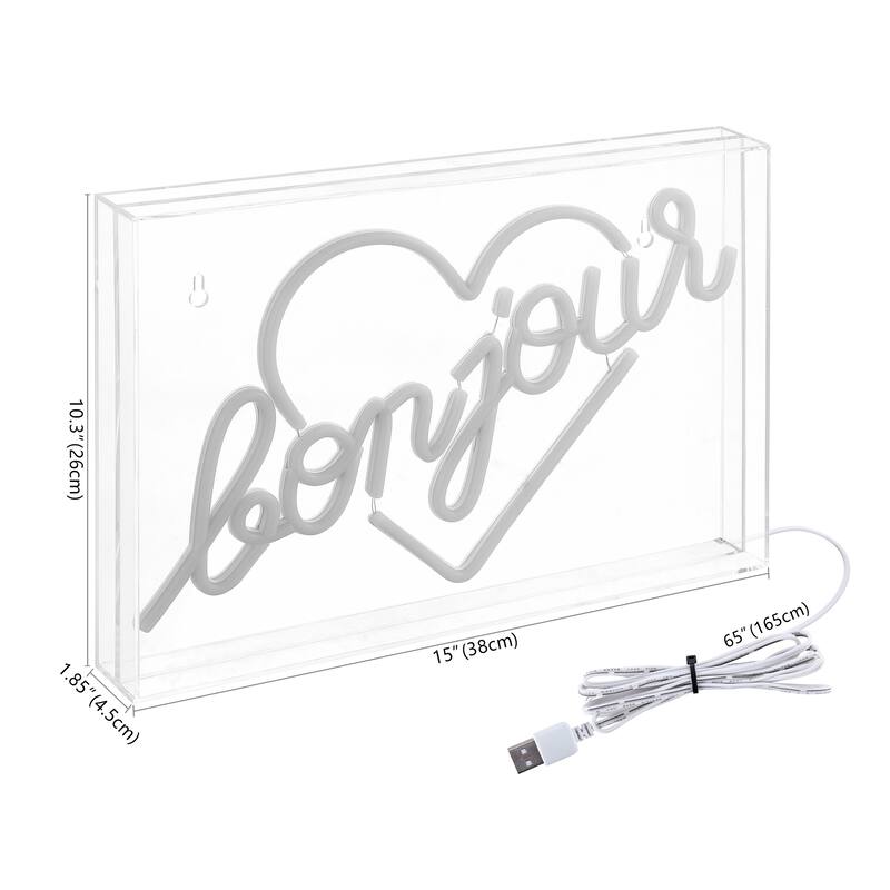 Bonjour Heart 15" X 10.3" Contemporary Glam Acrylic Box USB Operated LED Neon Light, Yellow by JONATHAN Y - 15" X 10.3"