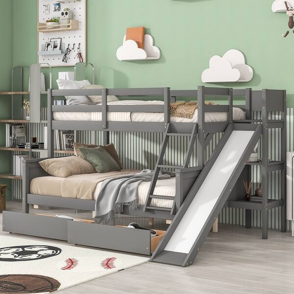 slide 2 of 9, Grey Twin over Full Pine Wood Bunk Bed with 2 Drawers, Slide, Shelves, Convertible to Two Beds Grey