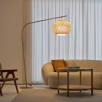Fos - Bohemian Chic Floor Lamp with Woven Bamboo & Linen Shade - Brushed Brass Stand - 80" x 61.5"