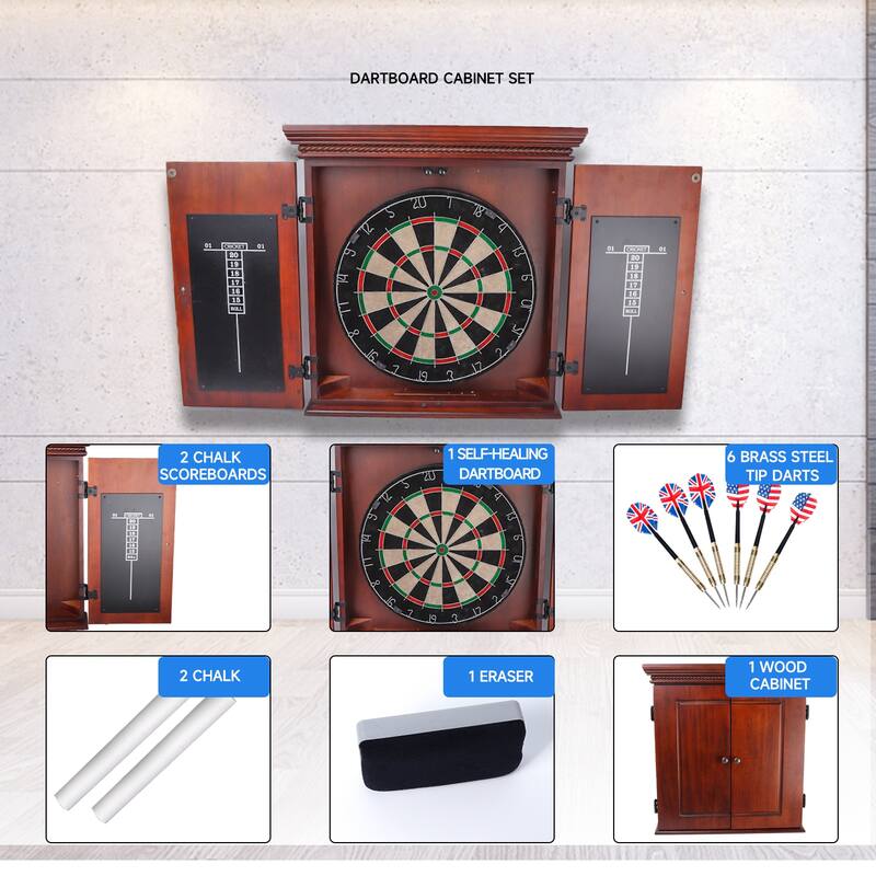 GSE™ Premium Solid Wood Dart Board Cabinet Set with Sisal/Bristle Dartboard and 6 Steel Tip Darts