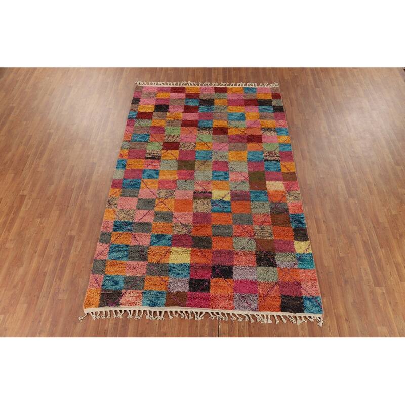 Checkered Plush Moroccan Oriental Area Rug Handmade Wool Carpet - 6'6" x 10'9"
