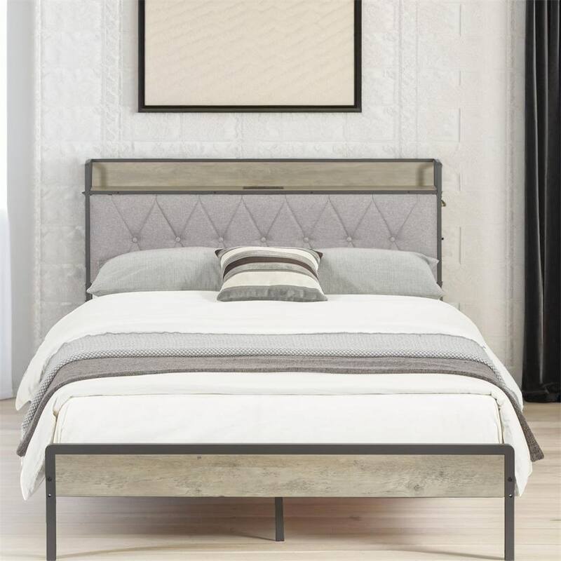 Metal Bed Frame with Charging Station and Slats