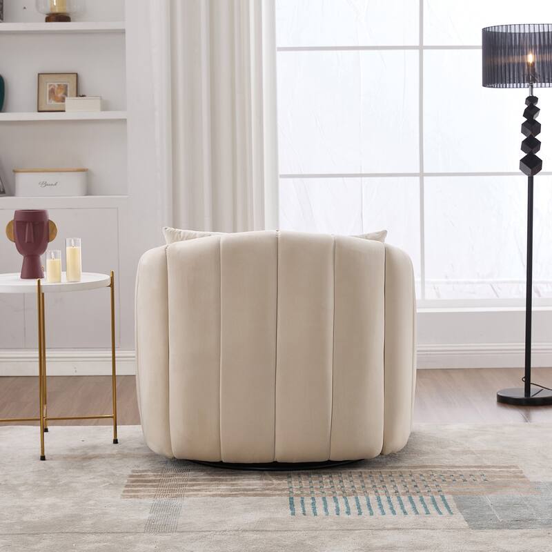 Roomfitters Oversized Swivel Barrel Chair, Velvet Channel Tufted Pumpkin-Shape Club Armchair with 3 Pillows for Living Room