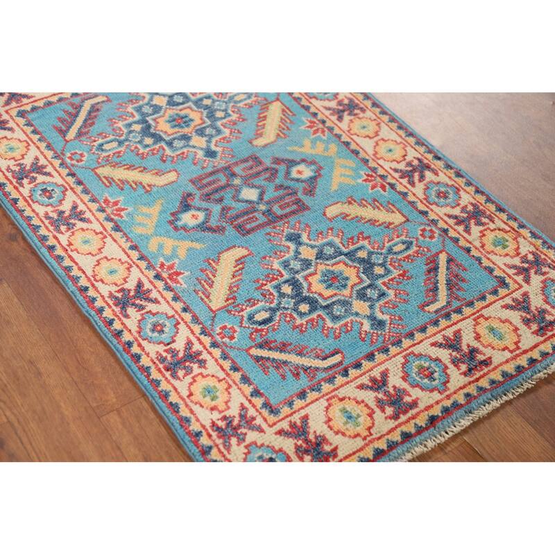 Hand Knotted Oriental 100% Wool Carpet Traditional Geometric Navy Blue & Blues Kazak Area Rug - 3' 0'' X 2' 0''
