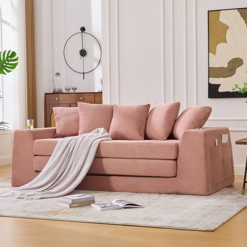 2 in 1 Convertible Sofa Bed, Sleeper Sofa with Storage Pockets, Pull Out Loveseat Couch with Two Cup Holders