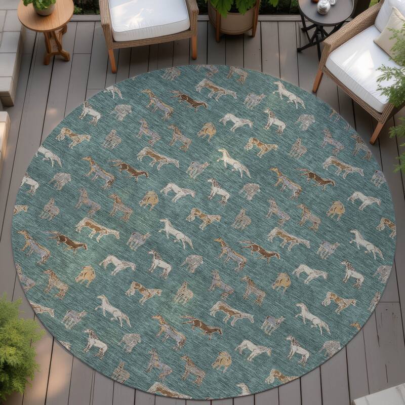 Machine Washable Indoor/ Outdoor Horses Chantille Rug - Basil - 8' x 8'