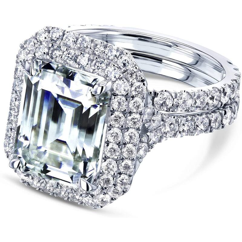 Annello by Kobelli 14K Gold Forever One Moissanite Emerald Double Halo Bridal Set (DEF/VS, GH/I) - 5 - White