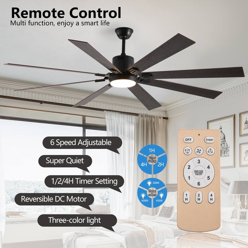 72" Walnut LED Ceiling Fan Light with 8 Wooden Blades, Remote Control, Adjustable Color Temperature for Living Room, Bedroom