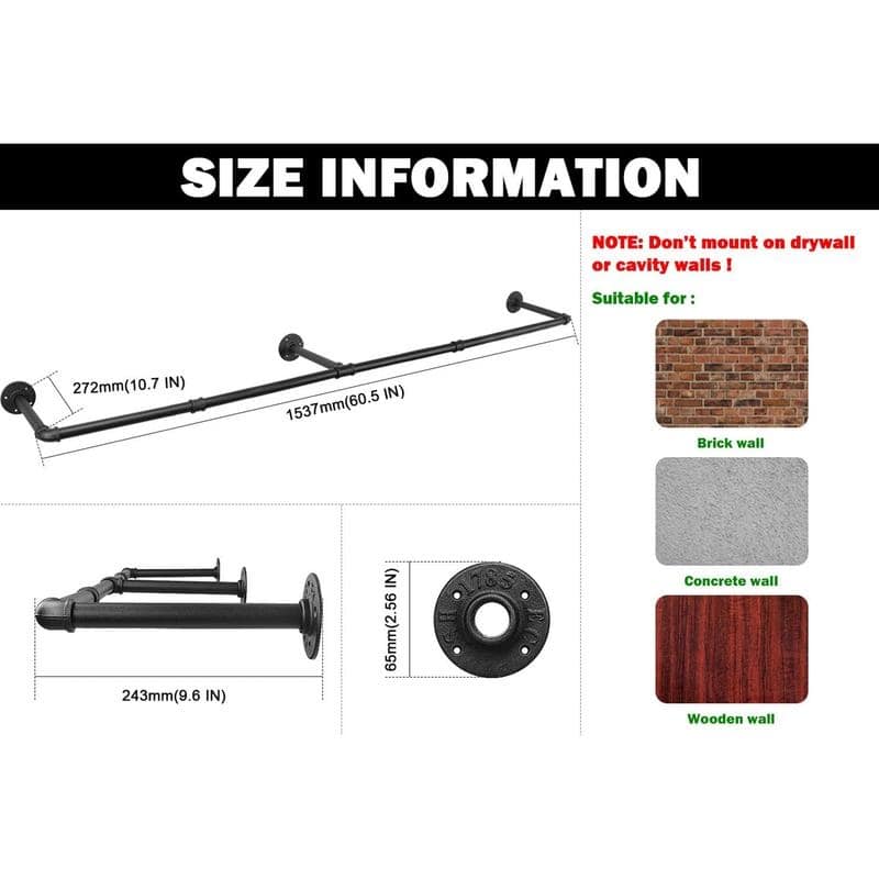 Industrial Pipe Clothes Rack - 9.6"D x 53.7"W x 2.56"H