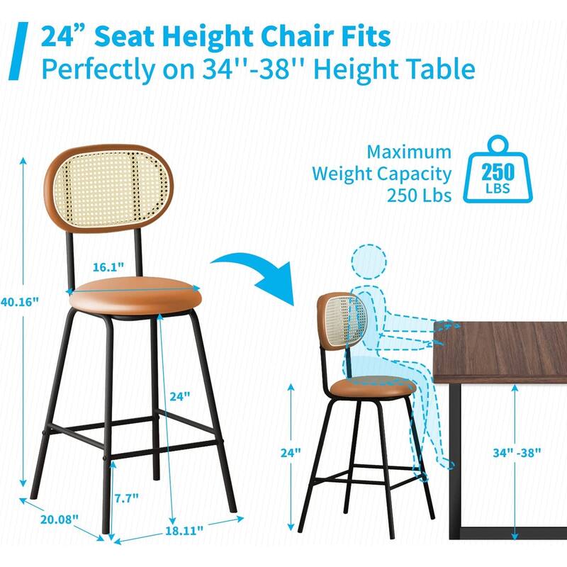 Mixoy Counter Stool,24" Leather Bar Stool Rattan Back Dining Chair,Counter Height Bar Stool for Pub Coffee/Home/Kitchen