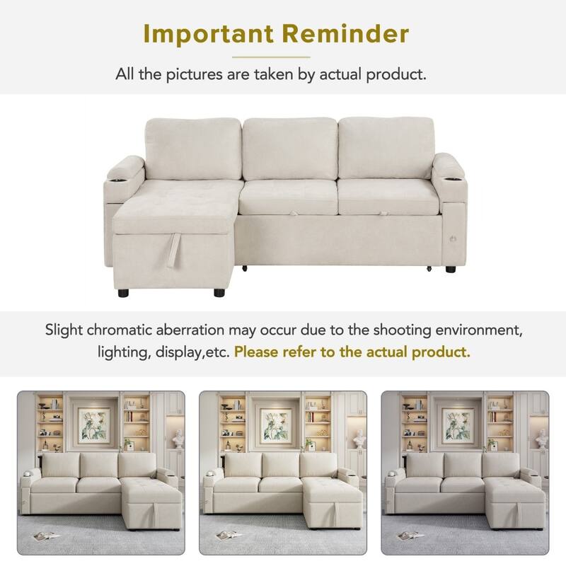83.5" Modern Convertible L-shaped Sectional Sofa Couch with Two Cup Holders and USB Ports