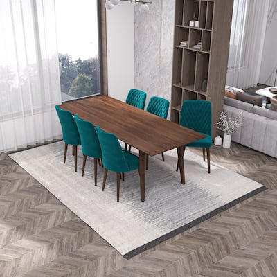 Adrian 7-Piece Mid-Century Dining Set with 6 Velvet Dining Chairs in Teal