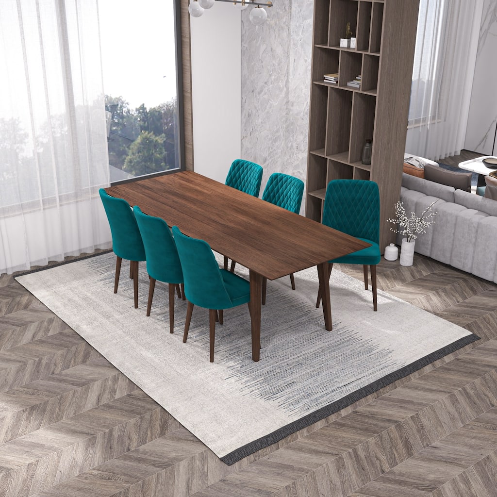 Adrian 7-Piece Mid-Century Dining Set with 6 Velvet Dining Chairs in Teal
