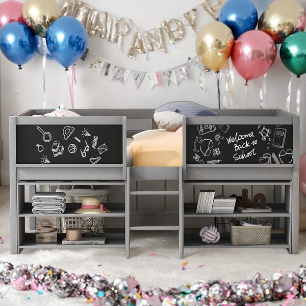 slide 2 of 24, Modern Twin Size Low Loft Bed With Two Movable Shelves And Ladder,With Decorative Guardrail Chalkboard Grey