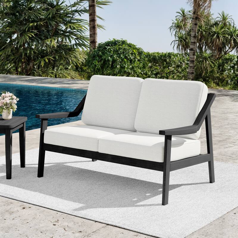 Outdoor Teak Wood Slat Back Patio Loveseat Sofa - BlackFrame-Beige