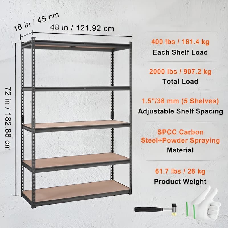 Adjustable Metal Storage Shelves 5 Tier Heavy Duty Utility Rack for Garage and Kitchen