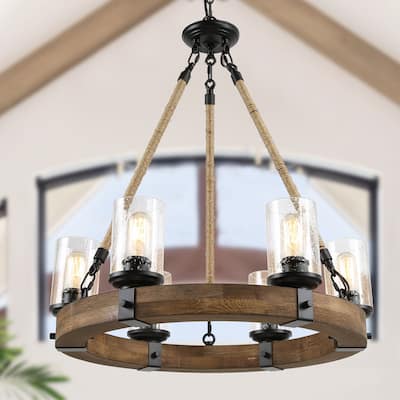 Carbon Loft Farmhouse 6-Light Wagon Wheel Wood Chandelier for Dining Room