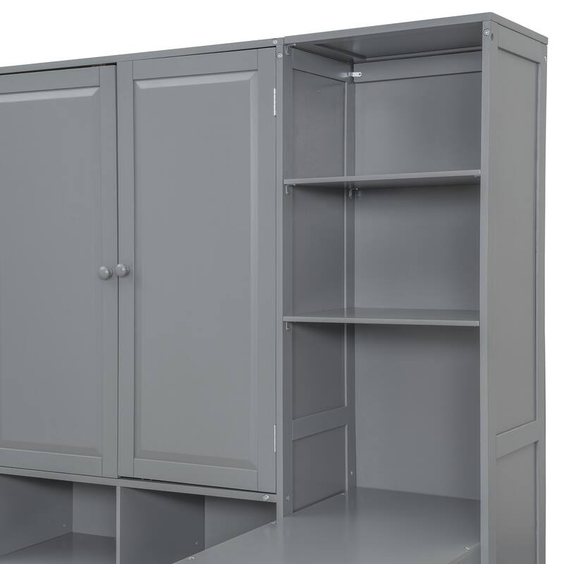 Wooden Daybed Frame All-in-One Bookcase Captains Bed with Storage Cabinet, Wardrobe, Side Writing Desk and 3 Bottom Drawers
