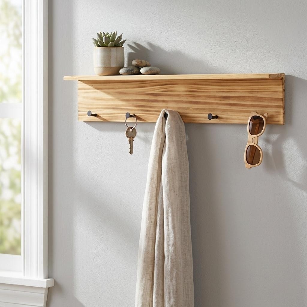 Aldervale Wood And Metal 5 Hook Hanger And Shelf