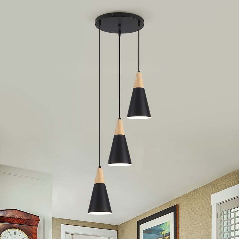 Modern 3-Light Wood Triangle Semi Flush Mount Chandelier, Kitchen Island Pendant Lights for Kitchen Island Dining Room - Matte Black