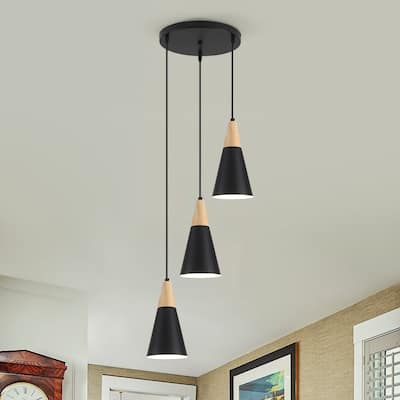 Modern 3-Light Wood Triangle Semi Flush Mount Chandelier, Kitchen Island Pendant Lights for Kitchen Island Dining Room