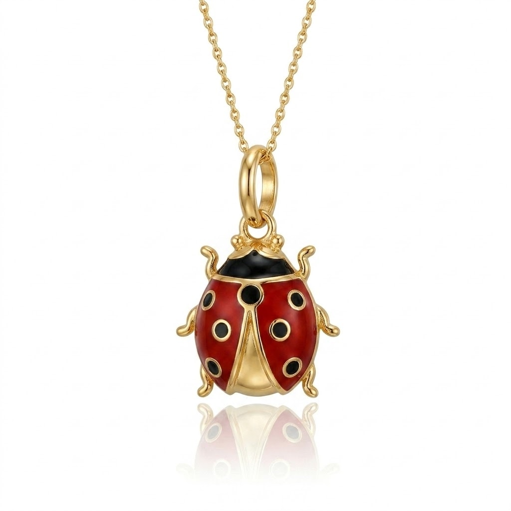 Curata 14K Yellow Gold 18" Large Red Enamel Ladybug Pendant Necklace