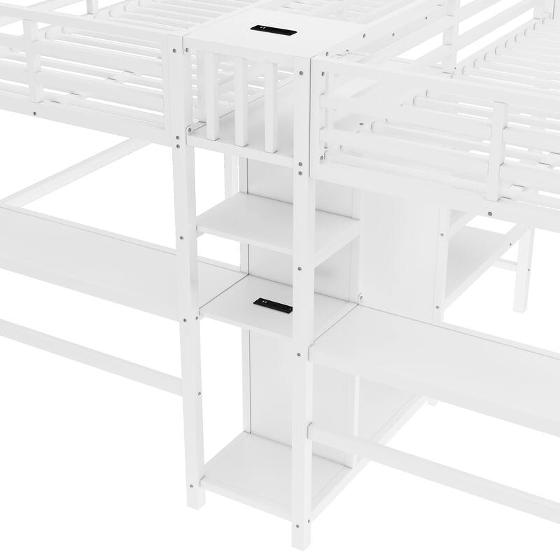 Twin Over Twin Metal Loft Bed with Double Desk, Wardrobe, Shelves & Electrical Outlet for Space Saving and Noise Reduction