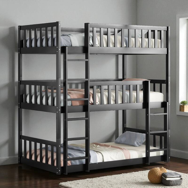 Twin Over Twin Over Twin Rubber Wood Triple Bunk Bed with Guardrails and Ladders, Detachable Convertible Triple Twin Bed Frame
