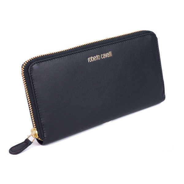 Roberto Cavalli Black Smooth Leather Logo Zip around Continental Wallet - no size
