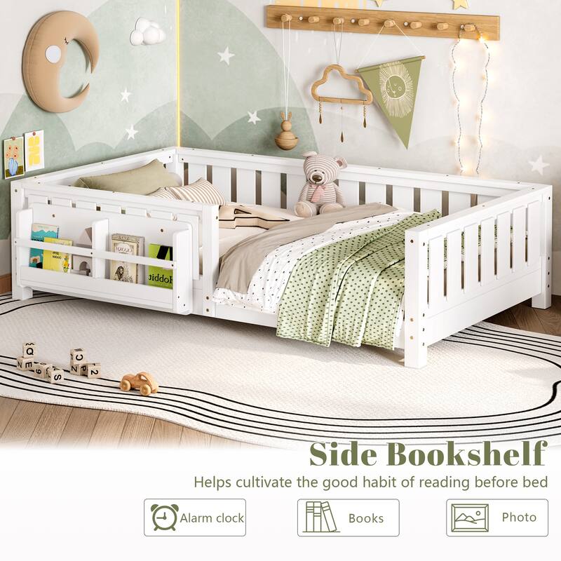 Montessori Floor Bed Low Profile Kids Bed with Rails & Bookshelf