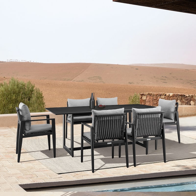 Grand Outdoor Patio 7-Piece Dining Table Set in Aluminum with Grey Cushions - Black