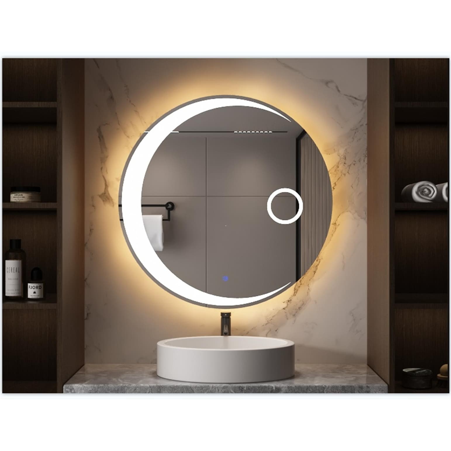 Round Bathroom LED Vanity Mirror, Moon Shape Anti-Fog Dimmable Lights  Waterproof Circle Makeup Wall Mounted Mirror with Light - On Sale - Bed Bath  & Beyond - 37234423