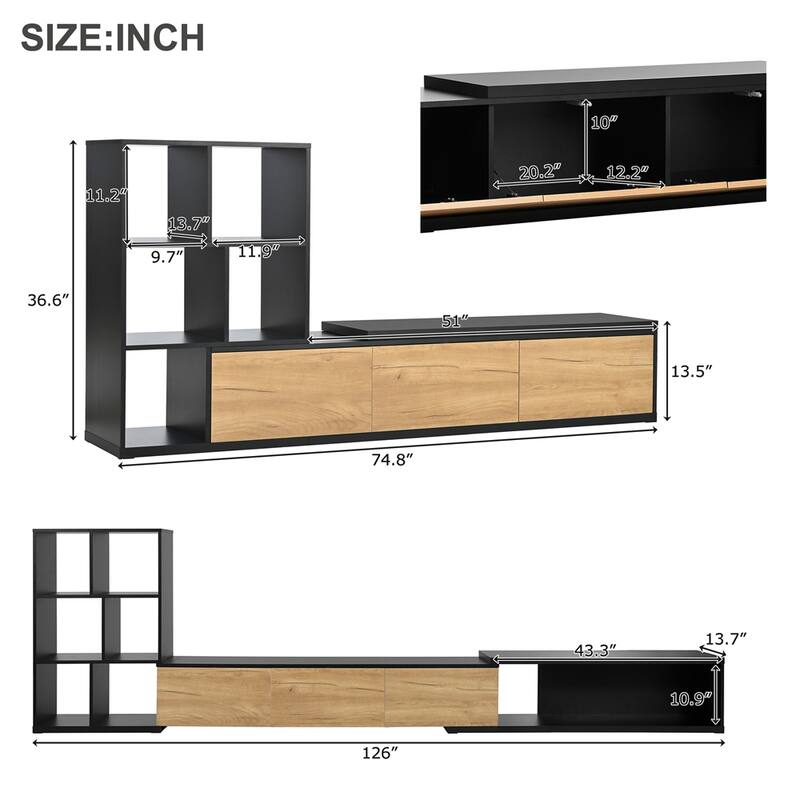Extendable TV Stand with 3 Tier Bookshelves