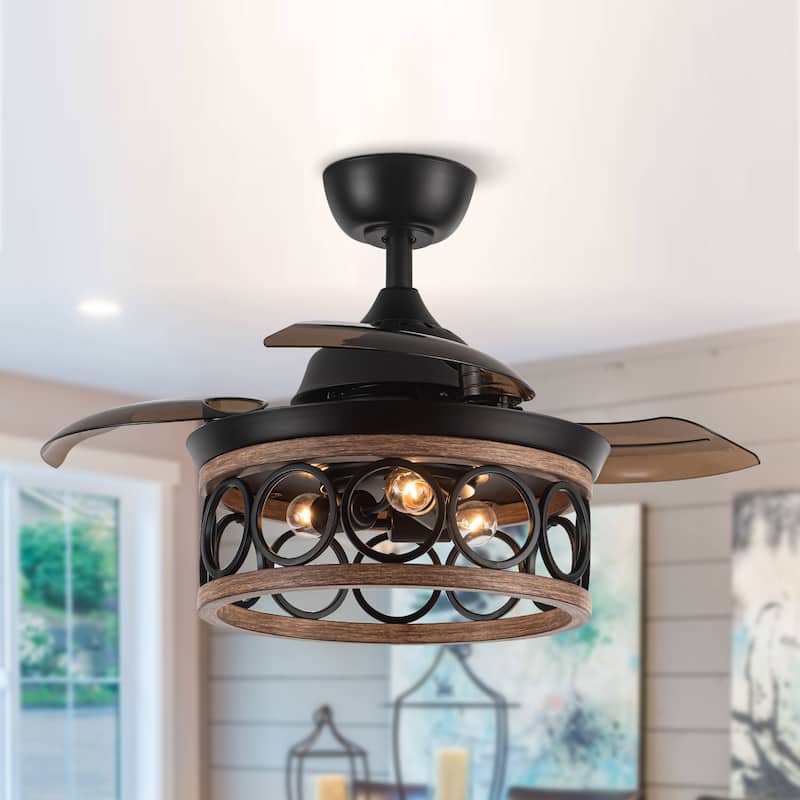 36" Indoor Black Retractable Ceiling Fan with Light and Wall Control - Hardwired
