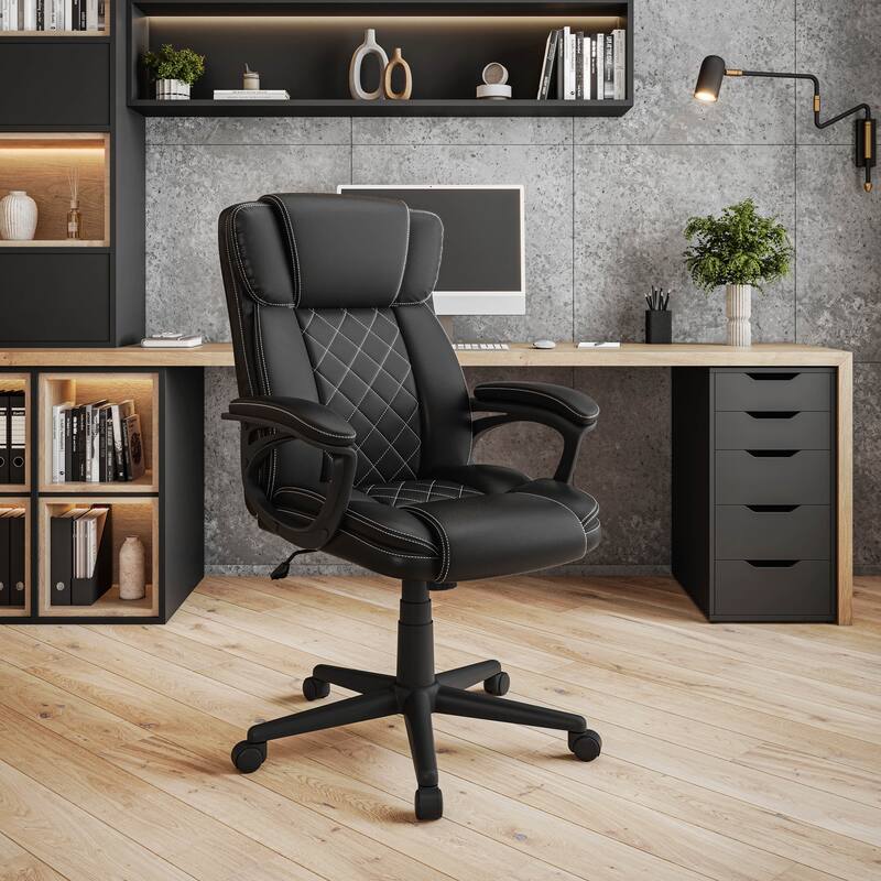 Techni Mobili Ergonomic Executive Office Chair High Back Faux Leather - Adjustable Height, Lumbar Support - Black