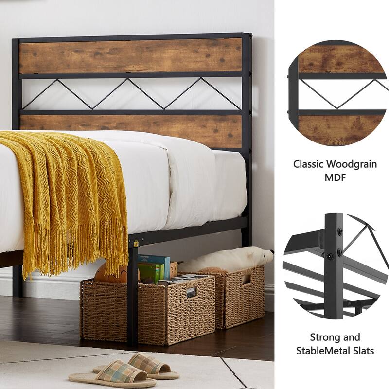 VECELO Vintage Metal Platform Bed Frame with Wood Headboard, Storage Bed, Noise-Free, No Box Spring Needed, Twin/Full/Queen Size