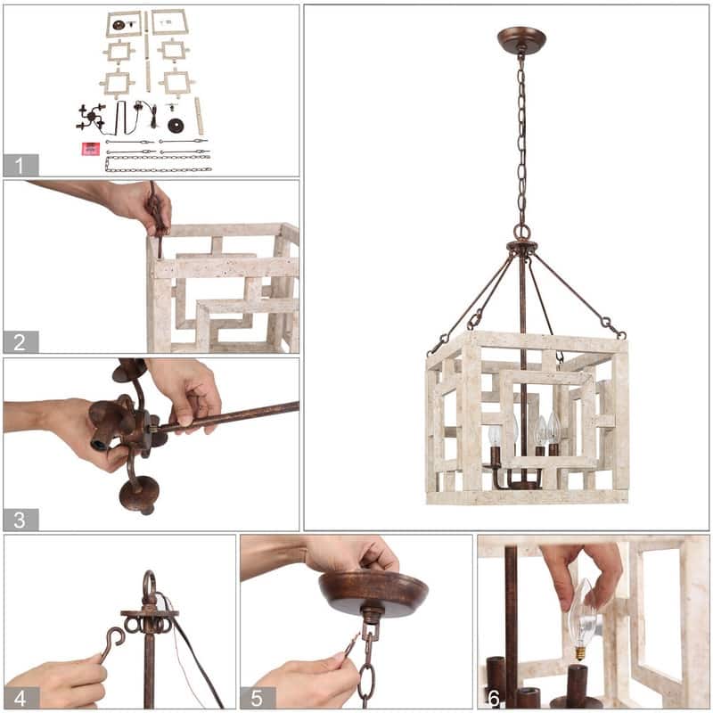 Modern Farmhouse 4-Light Wood Chandelier for Kitchen Island - L13.5"x W13.5"x H 26"