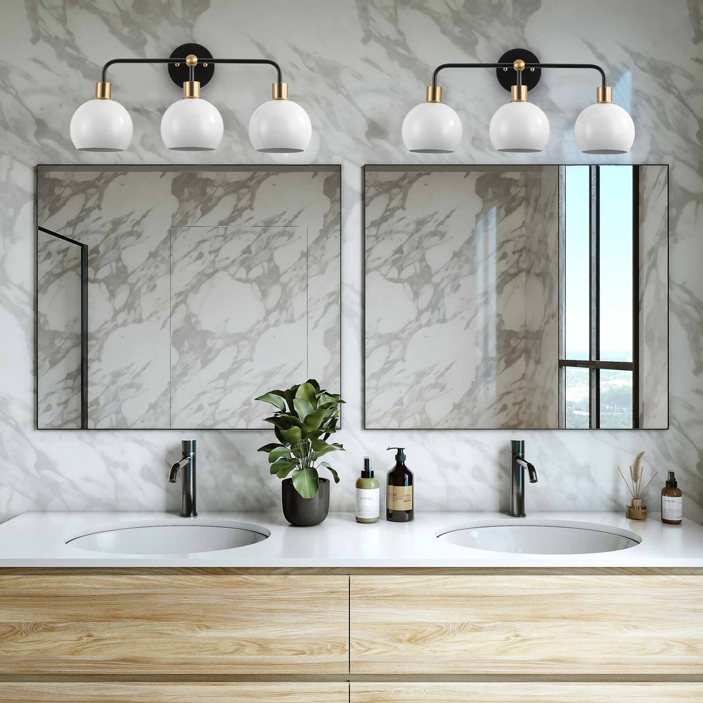 Modern Black 3 Light Bathroom Vanity Light with White Metal Lampshades