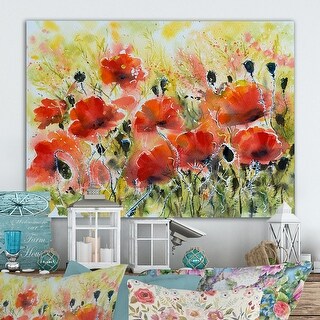 Designart "Color Red Poppy Flowers" Traditional Canvas artwork - Bed ...
