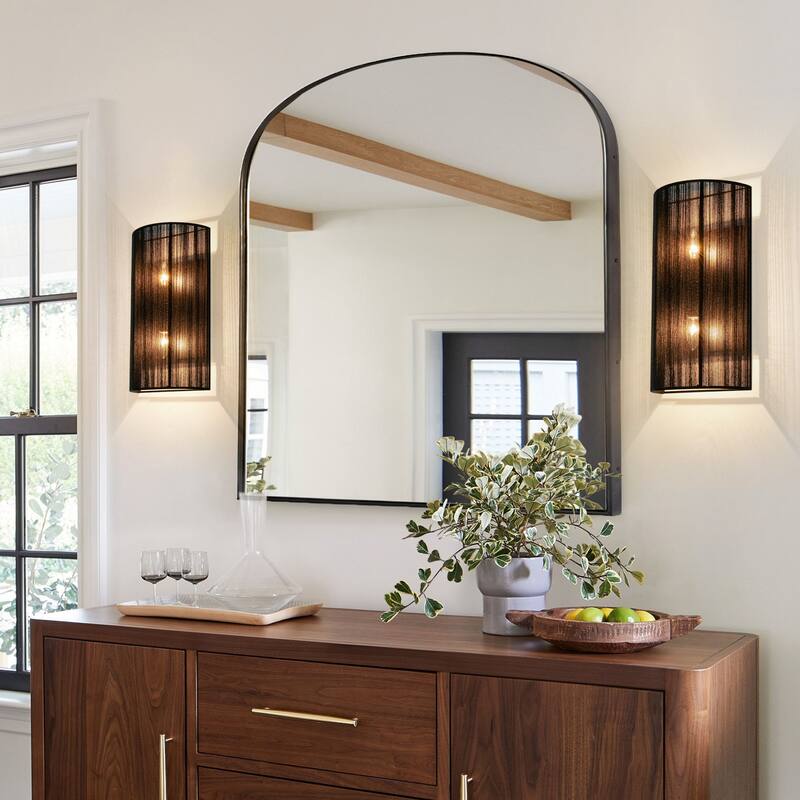 2-Light Modern Boho Natural Ivory/Black Hand-Woven Rope Fabric Flush Mount Wall Sconces